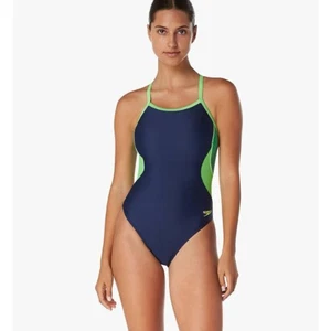 NUOVO costume da bagno Speedo Eco Splice Flyback blu verde taglia 10/36 nuovo con etichette pezzo unico 455 - Foto 1 di 6