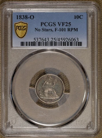 1838-O 10C Liberty Seated Dime No Stars PCGS VF25 Cover