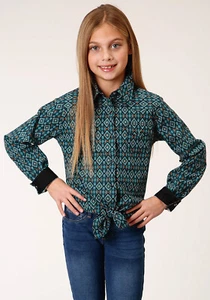 Roper Girls Kids Black 100% Cotton Diamond Aztec L/S Shirt - Picture 1 of 4