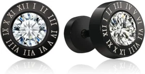 Roman Numeral Titanium Cubic Zirconia Hypoallergenic Men Women Punk Stud Earring - Picture 1 of 12