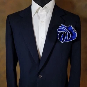 NEW - Men's 2-in-1 Pouf Round Pocket Square - Royal Blue Satin with White Trim - Picture 1 of 5