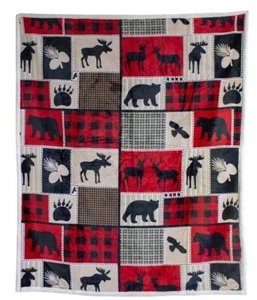 New Flannel Lodge Life Sherpa Gift Plush Throw Blanket Rustic Red Moose Bear NIP - Picture 1 of 4
