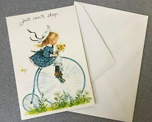 Vtg Embassy Little Girl Birthday Greeting Card Penny Farthing High Wheel Bicycle - Bild 1 von 3