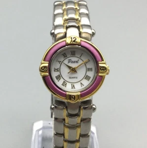 Vtg Pearl Watch Women 24mm Silver Gold Two Tone Pink Bezel New Battery 6.5" - Picture 1 of 12