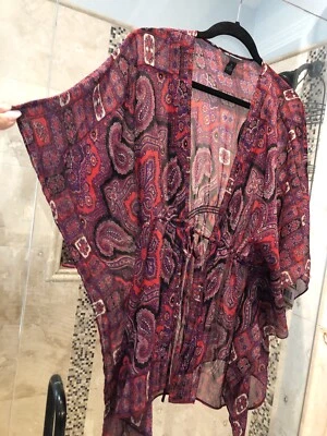 INC Rojo Transparente Paisley L 14 Playa Kimono Baño Cubrir Negro NUEVO Foto 1 de 4