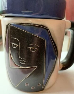 Mara Stoneware Mug With Top-New Art Pottery Male Female Faces Southwest - Picture 1 of 13