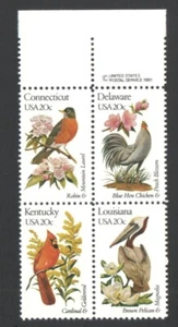 Ungebrauchter US Postage Block 20 Cent Briefmarken State Birds Connecticut Delaware Kentucky - Bild 1 von 5