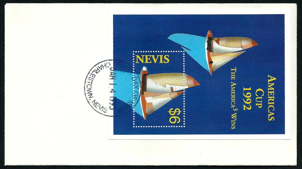 NEVIS, SCOTT # 782, FDC COVER OF MINI SHEET AMERICA'S CUP YACHT, SHIPS & BOATS - Image 1 of 1