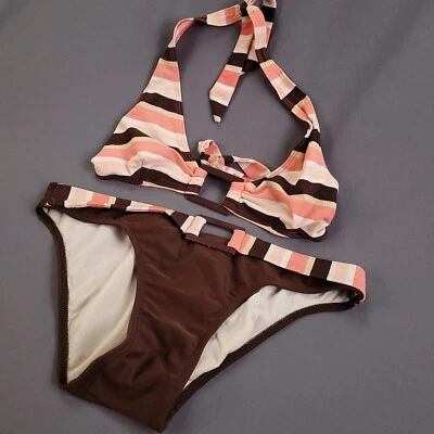 Bikini Swimsuit BROWN/PEACH Halter Tie- MISSES 8-10 Sand N Sun - Image 1 of 4