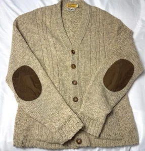 VTG MENS LAMBSWOOL CABLE KNIT CARDIGAN SWEATER OATMEAL PREPPY LEATHER Sz M - Picture 1 of 10