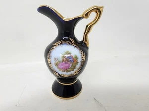 Limoges Castel France 22K Gold Porzellan Vase Blau Kobalt Rose Floral 4" - Bild 1 von 5