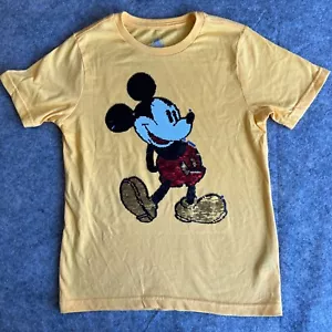 Mickey Mouse Disneyland Disney T-Shirt Kids Large Yellow Two Sided Sequins - Picture 1 of 11