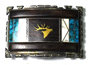 Hebilla de cinturón Sterling Yellowhorse Alce MOP incrustación de madera turquesa 38 mm 2-7/8" x 2" - Imagen 1 de 3