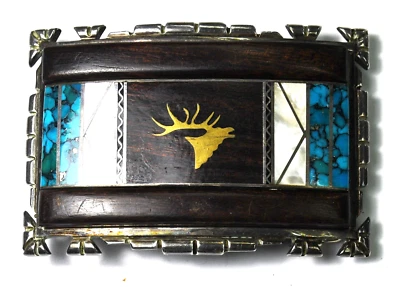 Hebilla de cinturón Sterling Yellowhorse Alce MOP incrustación de madera turquesa 38 mm 2-7/8" x 2" Foto 1 de 3