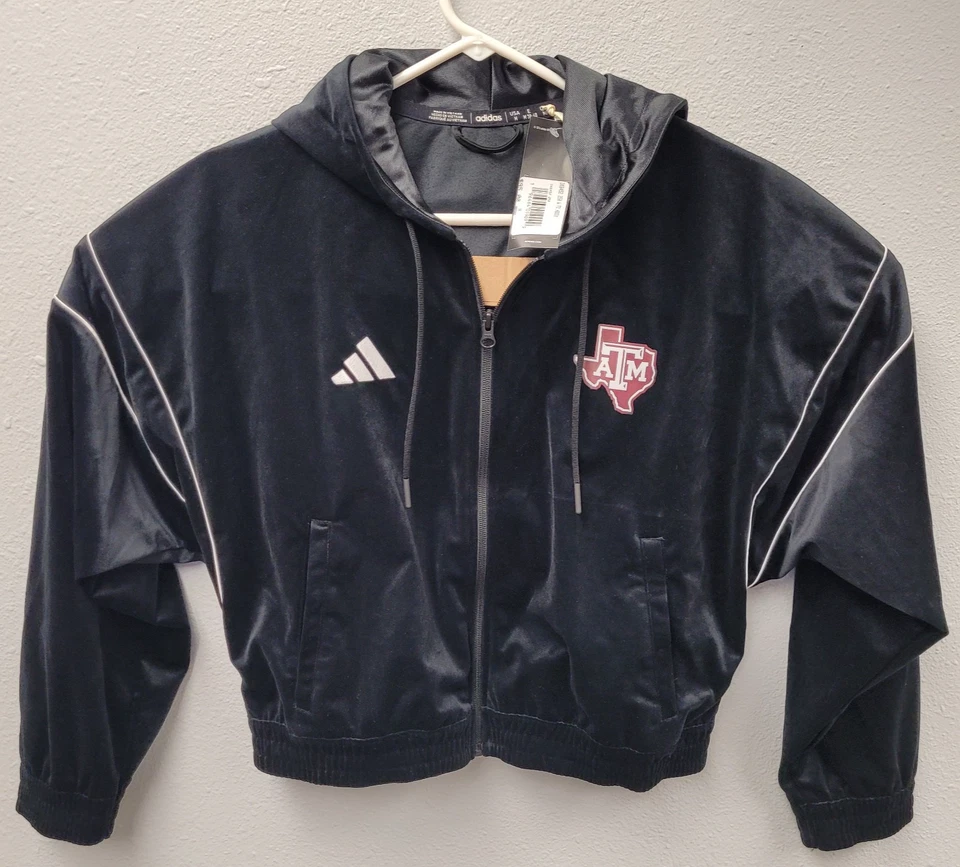 Adidas Womens Large Full Zip Hoodie Black HY0223 Velour