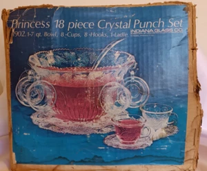 Vintage 7qt Indiana Glas Prinzessin Kristall Bowle Schüssel Set 8 Tassen - Bild 1 von 5