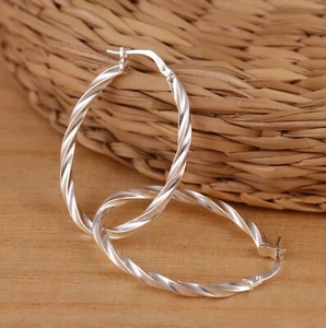 Solid 925 Sterling Silver Twisted Oval Hoop Large Plain Earrings Gift Boxed - Picture 1 of 6