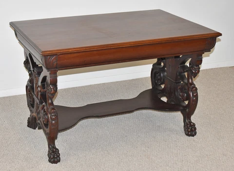 Antique Mahogany Library Table Gargoyle Detaied Base Paw Feet Circa 1890's Cover