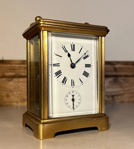 French Brass Carriage Travel Desk Mantel Clock with Alarm Complication Cover