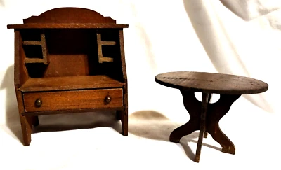 1" Doll House Miniature Furniture VTG Wood Sideboard w Drawer & Oval Side Table - Image 1 of 4