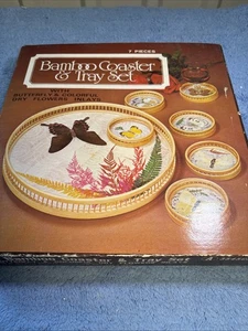 Vintage 7pc Bamboo Coaster Set Butterfly Tray MCM Boho Retro Made in Taiwan - Picture 1 of 9
