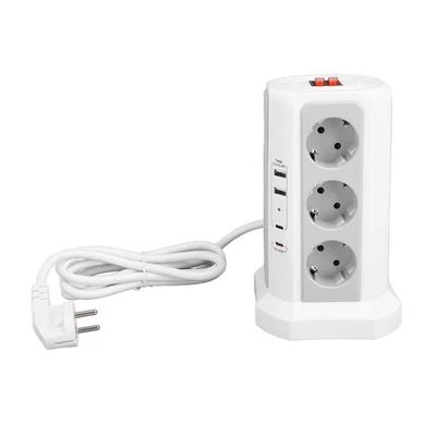 `(White)Tower Power Strip With Protector Switch Multiple Ports Vertical Space - Image 1 of 4