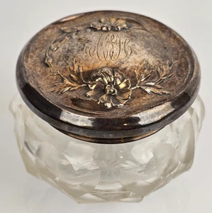 Antik 526 Sterling Silber & geschliffenes Kristallglas Kommode Glas Deckel Repousse Rose - Bild 1 von 20
