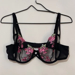 Adore Me Jayda Bra Womens 40C Black Pink Floral Balconette Sheer Underwire - Picture 1 of 11