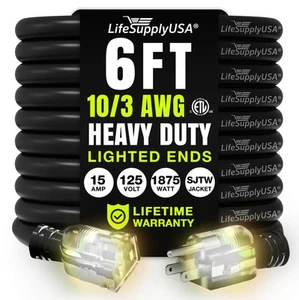 6ft Outdoor/Indoor Extension Cord 10/3 Gauge Ultra Heavy Duty 3 Prong SJTW, W... - Picture 1 of 8