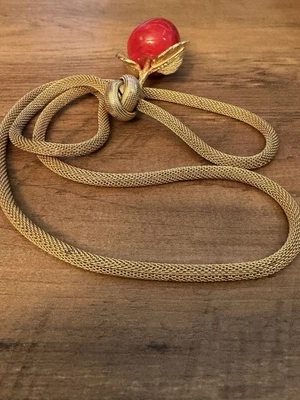 Gold Mesh Necklace Apple Pendant With Rhinestone Accent 30” - Image 1 of 4