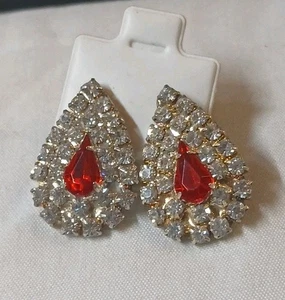 Red And White Rhinestone Teardrop Shaped Earrings - Picture 1 of 3