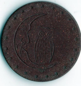 Antique Poker Chip: Engraved Owl and Moon Red - Picture 1 of 2