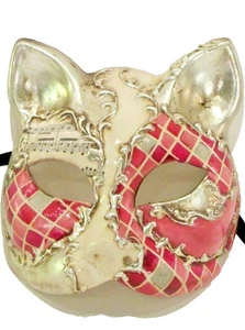 CAT 2 HANDMADE IN ITALY, A MALE CAT PARTY MASK, PAPIER MACHE PINK/SILVER MOSAIC. - Picture 1 of 3