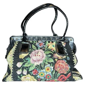 Borsa a mano arazzo con perline a mano ricamo fiori mondo Mellow tote marrone nero borsetta - Foto 1 di 8