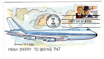 C114 Lawrence & Elmer Sperry Airmail 39c FDC 1985 - Herman McNatt Hand-Painted - Image 1 of 2