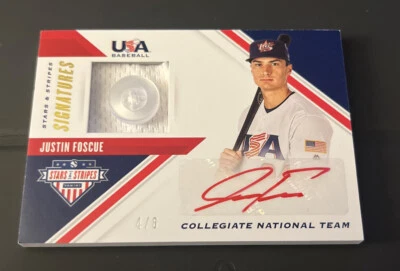 2020 Stars & Stripes JUSTIN FOSCUE Jersey Button Auto Relic Red Ink ROOKIE #4/6 - Image 1 of 3