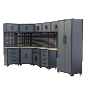 Garage Storage Cabinet 15Pcs Workshop W/Steel Cabinet Drawers Workbench Pegboard - Picture 1 of 16