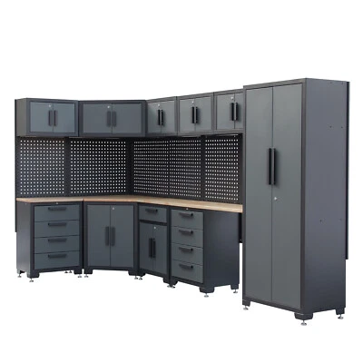 Garage Storage Cabinet 15Pcs Workshop W/Steel Cabinet Drawers Workbench Pegboard - Image 1 of 4