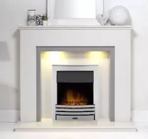 WHITE MARBLE STONE GREY FIREPLACE CHROME ELECTRIC FIRE SURROUND DOWN LIGHT COAL - Picture 1 of 6