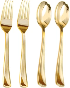 Gold Plastic Forks and Spoons Heavy Duty Set-160Pack Gold Plastic Silverware Inc - Picture 1 of 5