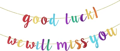 Decoraciones de jubilación, buena suerte te extrañaremos pancarta decoración de fiesta de jubilación Foto 1 de 4