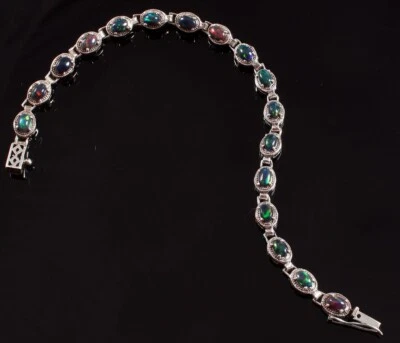 Natural Black Opal Cabochon Bracelet, 925 Sterling Silver, October Birthstone - Image 1 of 4