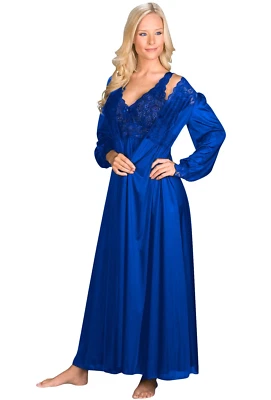 Shadowline Womens Nightgown Robe Blue Sleepwear Vintage Style Peignoir 2 Pc Set - Image 1 of 4