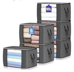 90L Large Storage Bags | 6-Pack Foldable Bins for Clothes, Blankets & More - Picture 1 of 6