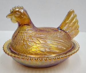Indiana Carnival Glass Hen On A Nest Iridescent Marigold Lidded Dish
