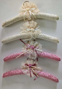 Vintage 80s Set of 4 Pink Satin Lingerie Clothes Hanger Padded Boudoir Lace Bow - Picture 1 of 2
