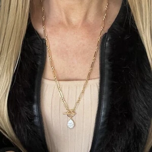 Handmade Gold Paperclip Link Freshwarer Pearl Pendant Lariat Long Necklace 60cm - Picture 1 of 7