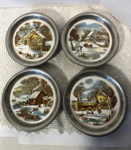 4 Currier and Ives Winter Scenes Coasters Ceramic in Revere Pewter - NICE SET! - Picture 1 of 7