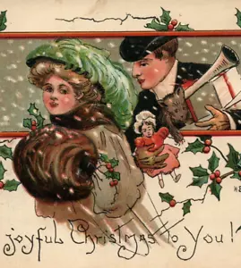 c1900 "Joyful Christmas to You" Lovely Lady Fur Coat Shopping Chauffeur B561 - Picture 1 of 3