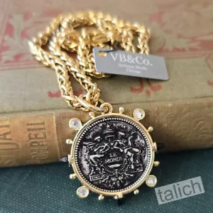 Designer VB&CO Vintage Style Black Le Monde Coin Pendant Necklace with CZ Chic - Picture 1 of 5
